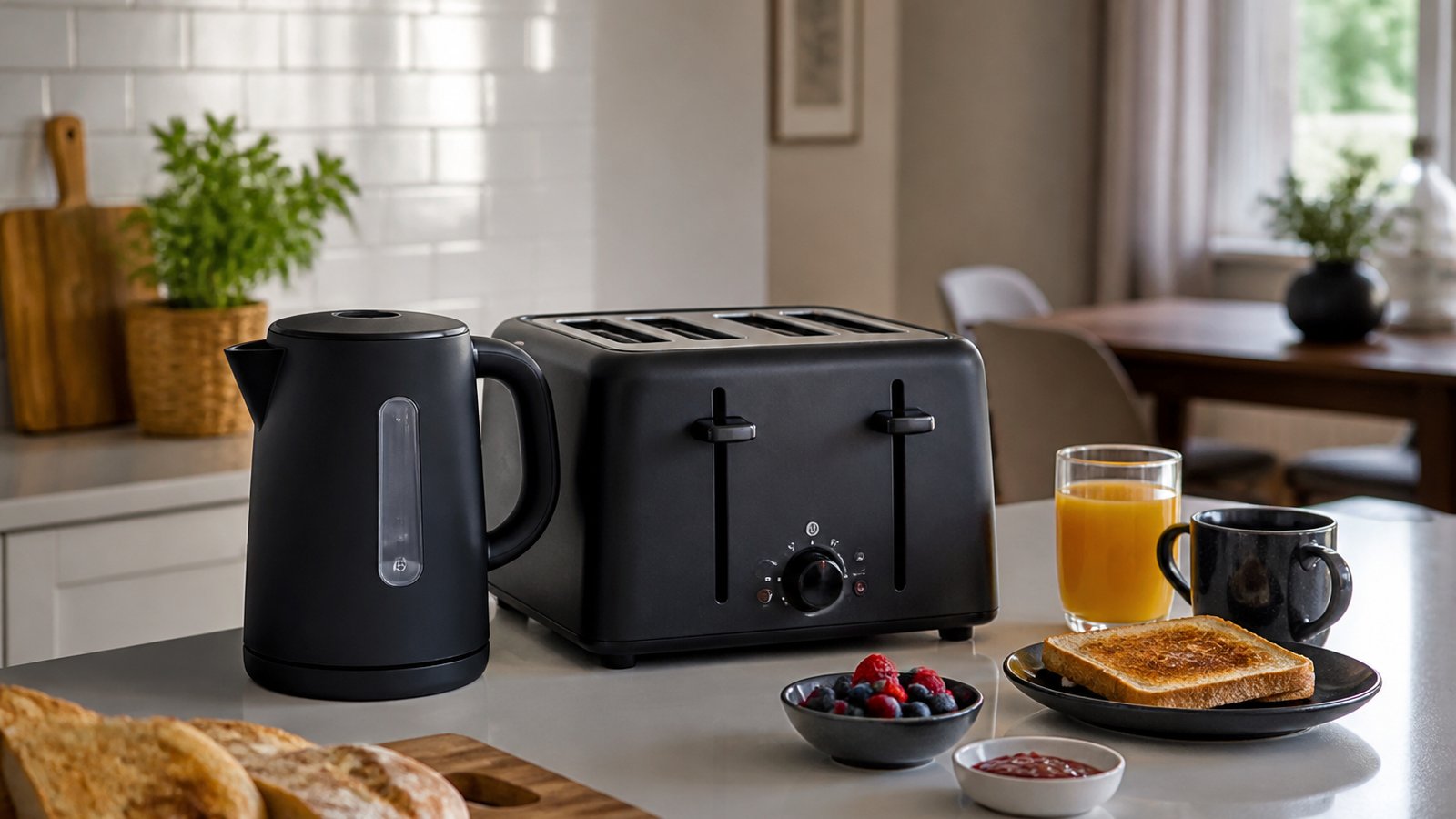 UK lifestyle photo for airbnb toaster kettle matching black