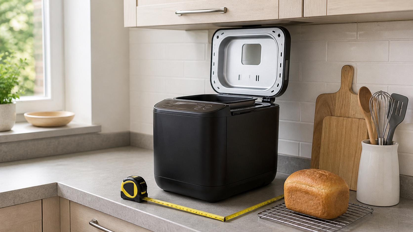 Compact bread maker on a measured kitchen worktop beside a small fresh loaf